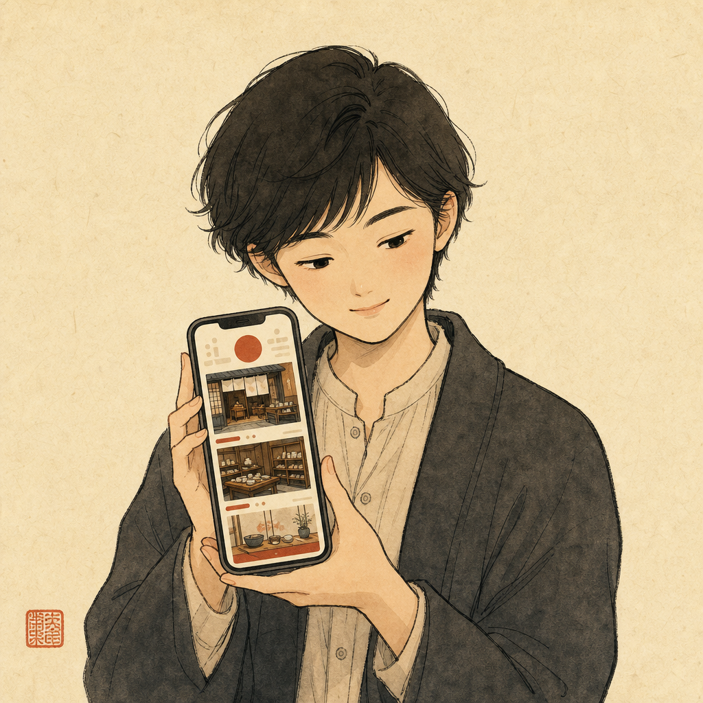 スマートフォンで地元店舗のホームページを眺めるお客様 - 中小店舗のためのシンプルなHP制作